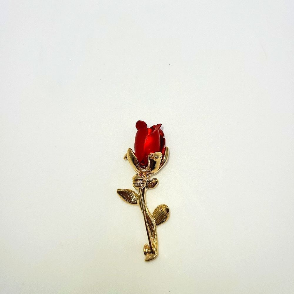 Vintage Rose Brooch Pin, Red And Gold Tone - image 3